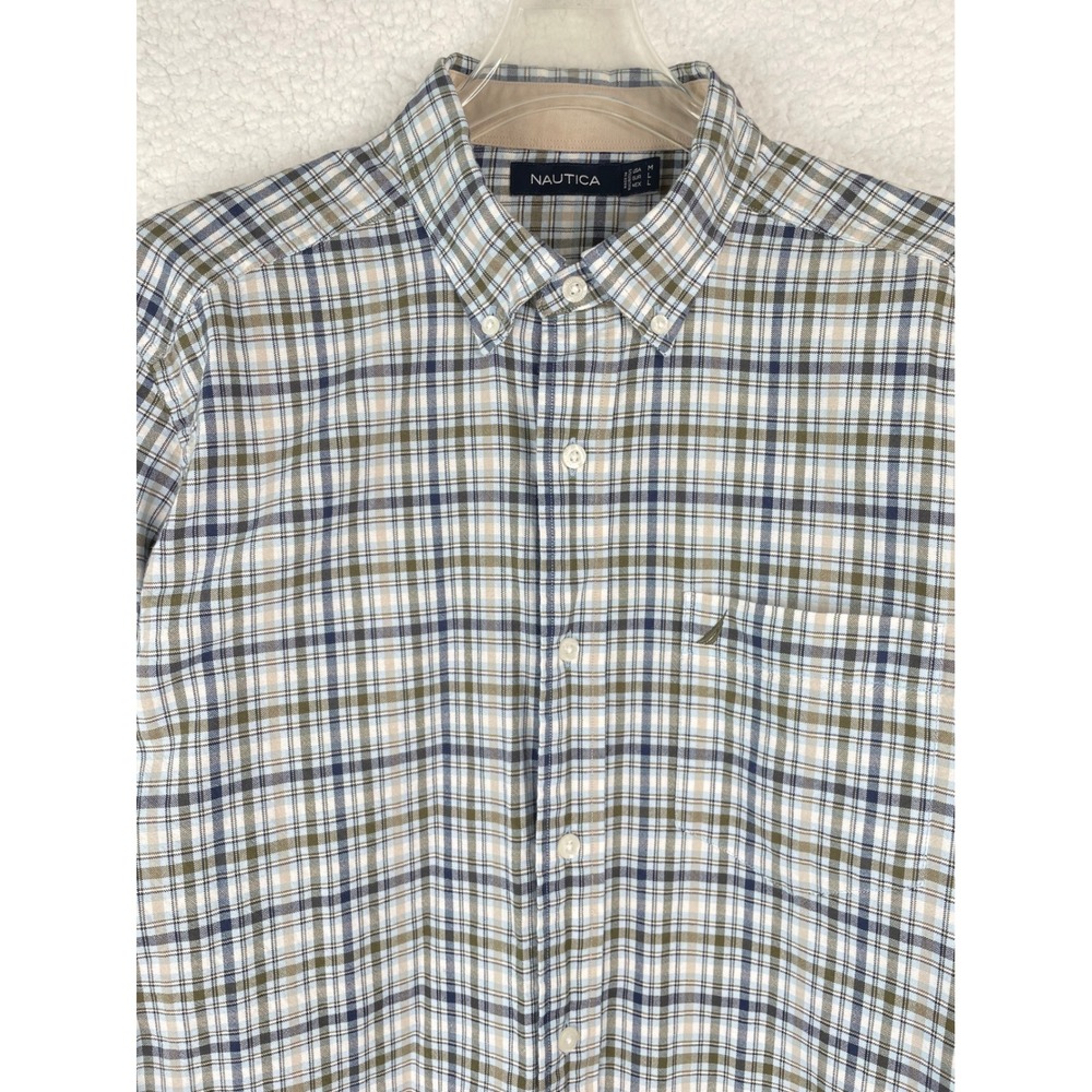 Nautica Mens Blue Green Plaid Long Sleeve Button Down Cotton Shirt Size M